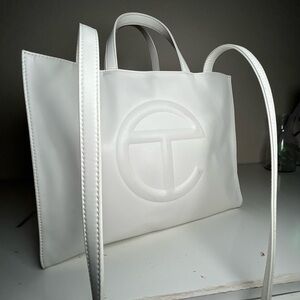 Telfar White Leather Tote Bag with Minimalist Design